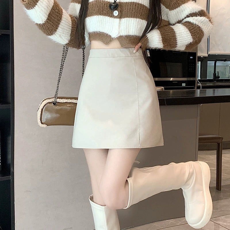 Split Korean Pu Leather Skirt Women'S 2024 Winter New High Waist Hip Skirt Slim A- Line Skirt - Image 5